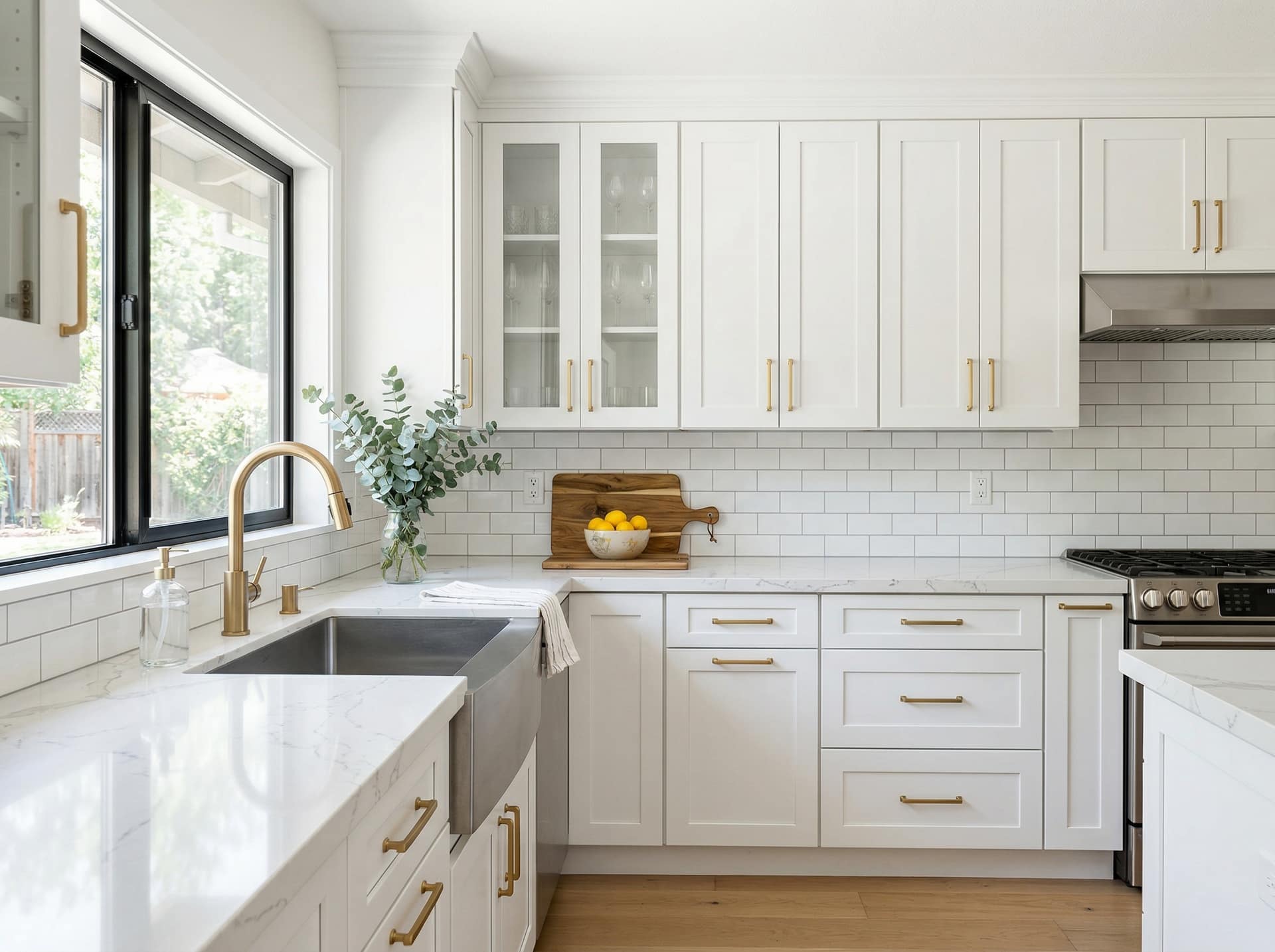Kitchen cabinet refinishing — white shaker cabinets with brass hardware
