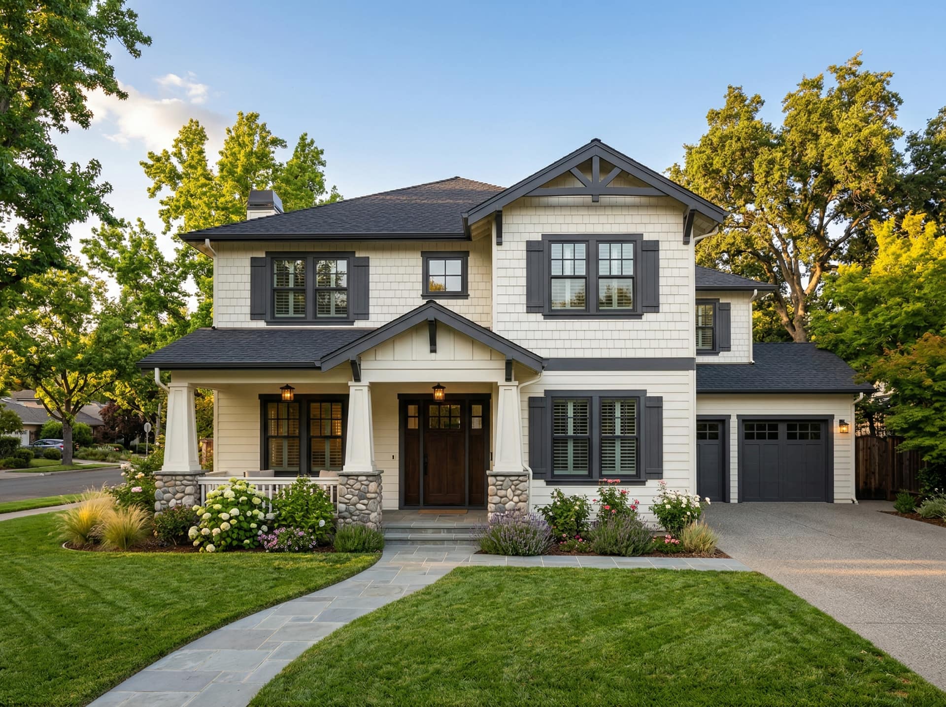 Two-story craftsman home exterior repaint in Sacramento — Hale Navy with bone-white trim