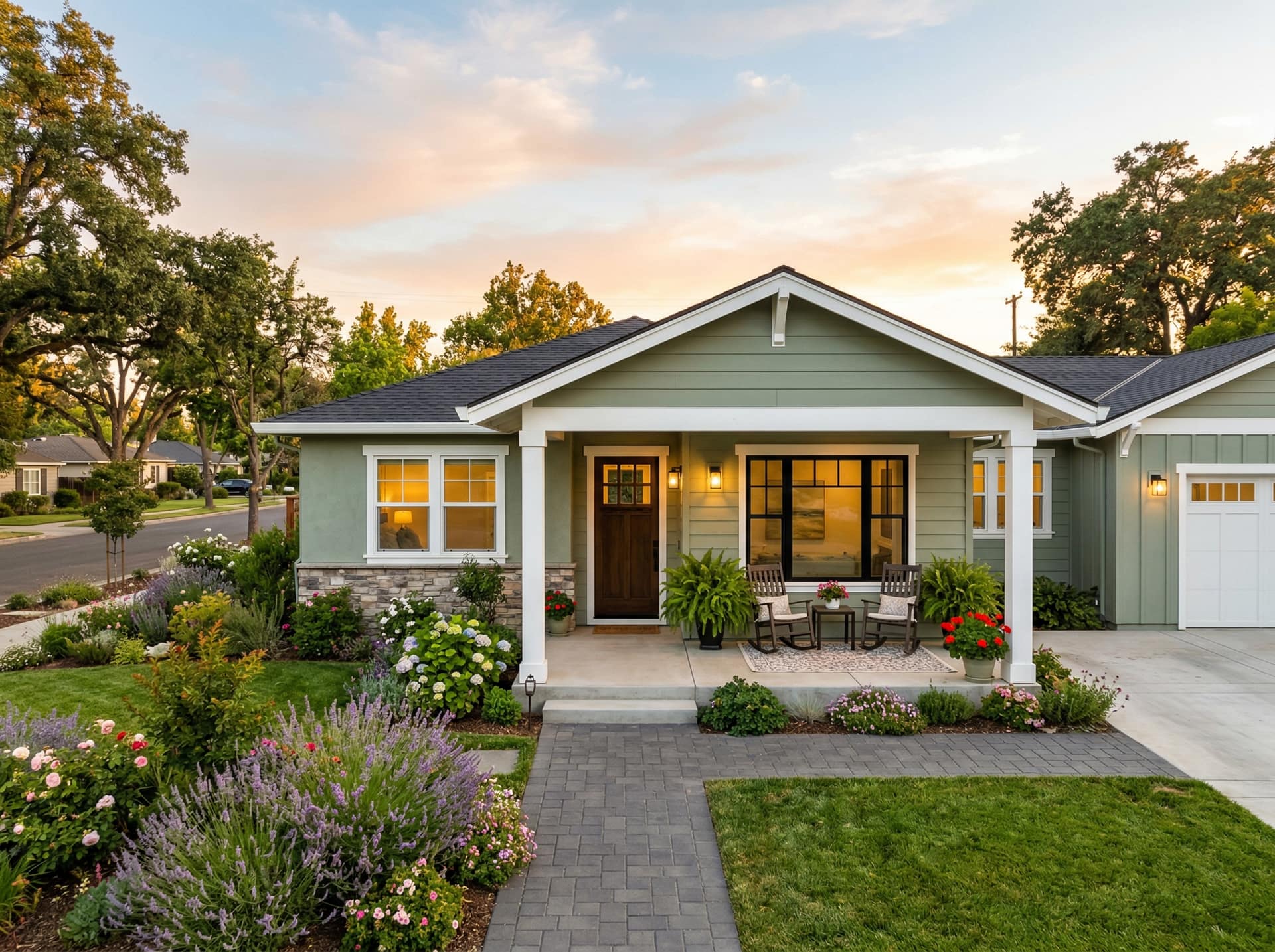 Mid-century ranch exterior repainted sage green with white trim